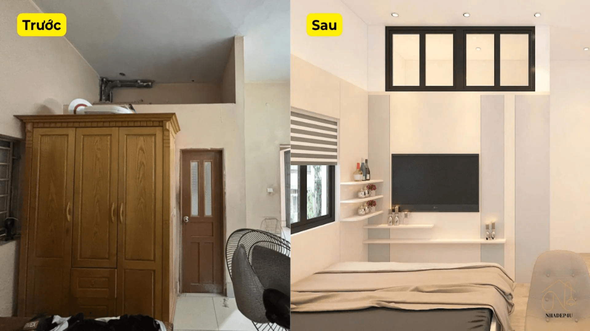 Không gian phòng khách liền bếp nhà phố sau cải tạo hoàn thiện bởi Nhà Đẹp 4U tại Hà Nội